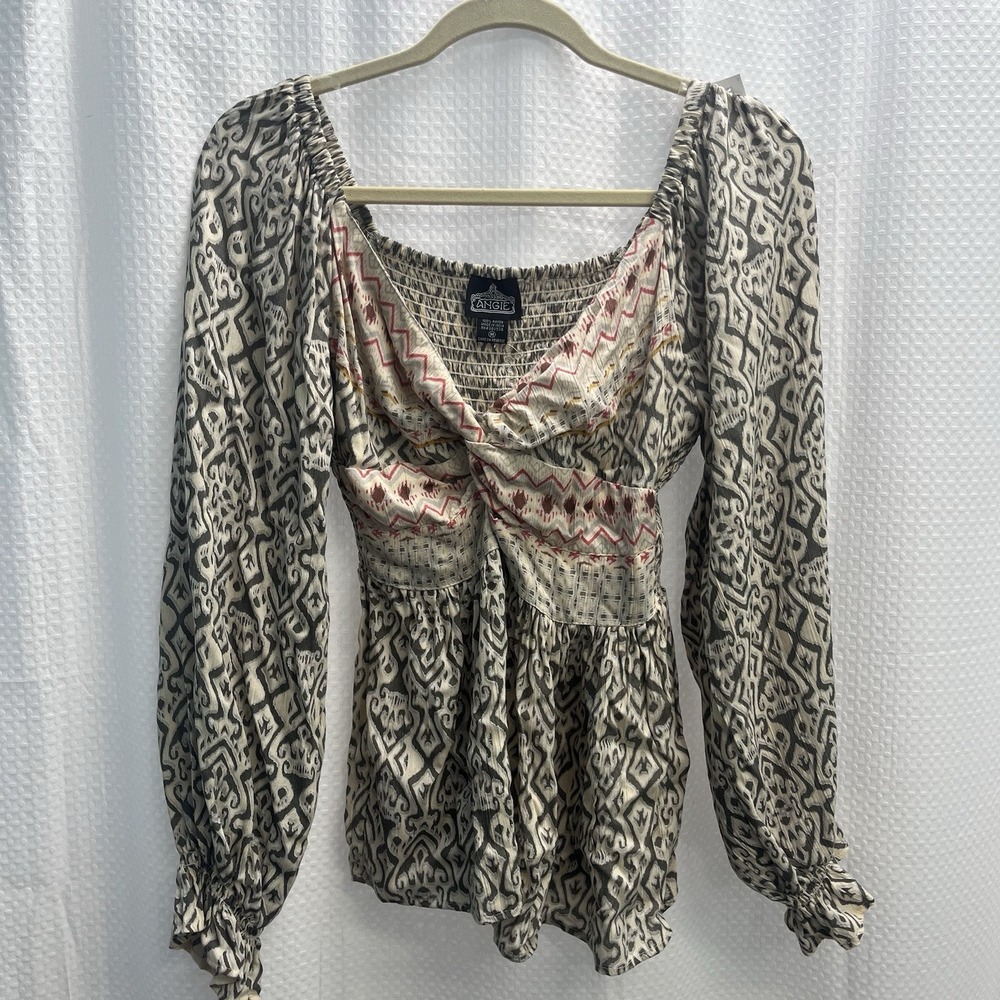 Angie Boho Babydoll‎ Tribal Aztec Print Smocked Balloon Sleeve Top Medium